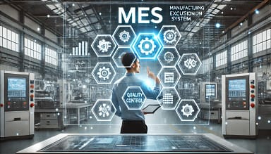 DALL·E 2024-12-16 13.59.29 - A futuristic and professional concept image showcasing MES (Manufacturing Execution System) with a digital interface. The image features a person in a