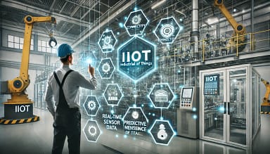 DALL·E 2024-12-16 13.59.31 - A futuristic and professional concept image showcasing IIoT (Industrial Internet of Things) in a smart factory environment. The image features a worke
