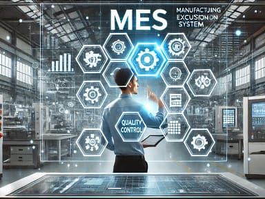 DALL·E 2024-12-16 13.59.29 - A futuristic and professional concept image showcasing MES (Manufacturing Execution System) with a digital interface. The image features a person in a