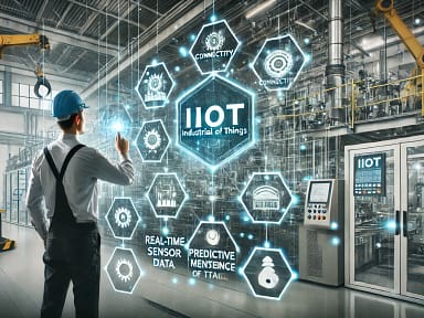 DALL·E 2024-12-16 13.59.31 - A futuristic and professional concept image showcasing IIoT (Industrial Internet of Things) in a smart factory environment. The image features a worke
